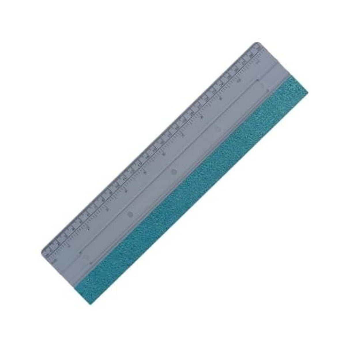 Car window felt squeegee tool with gray ruler body and blue felt edge strip