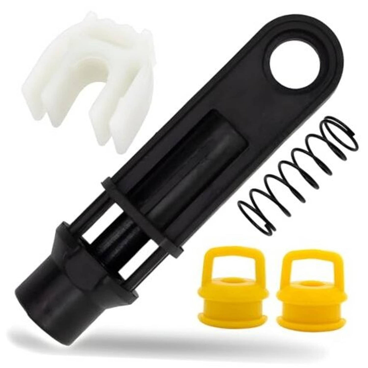 Transmission shifter linkage bushing kit with black rod, white clips, yellow caps, coil spring