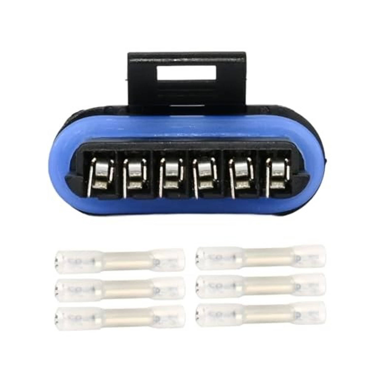 Multi-purpose wiring harness connector plug with blue oval body and exposed metal pins