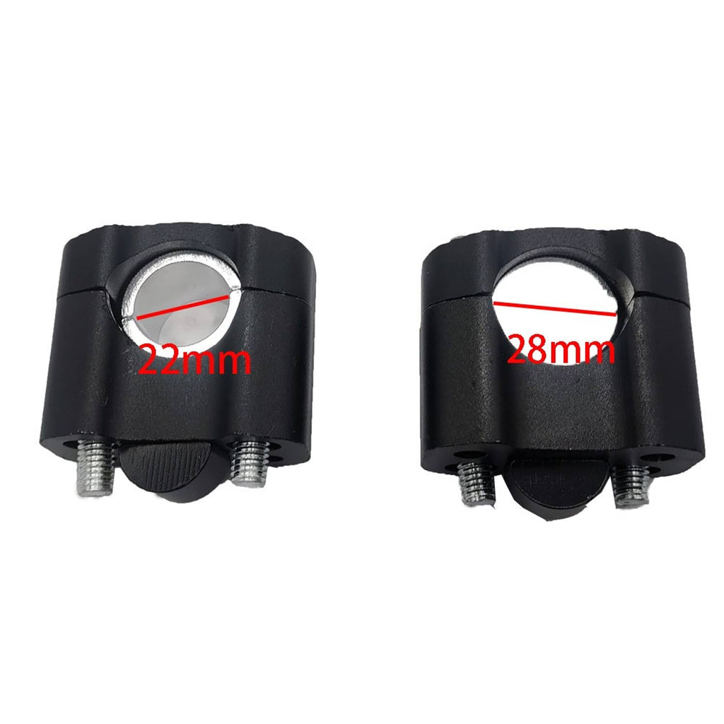 Black handlebar riser clamp adaptor showing 22mm and 28mm mounting sizes
