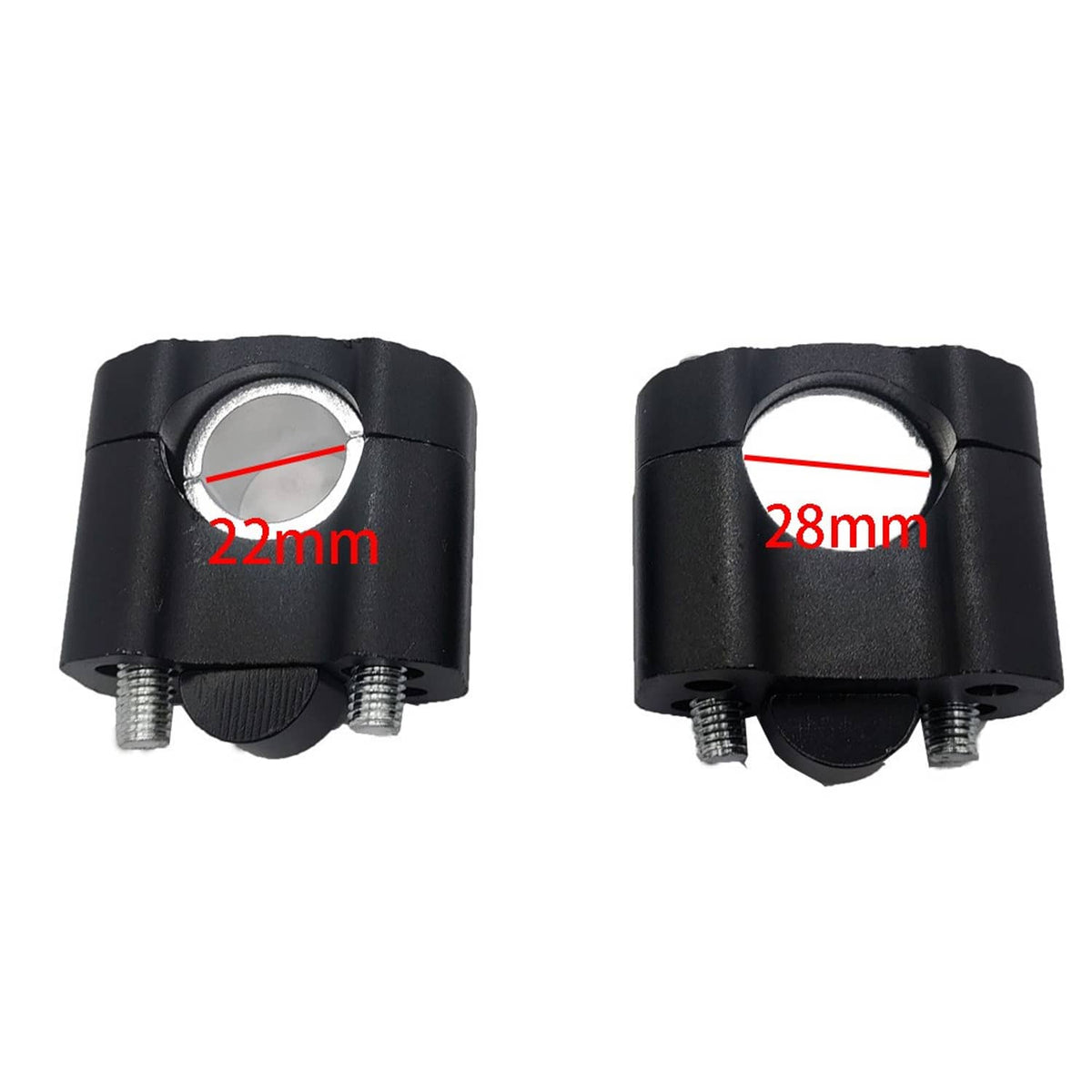 Black handlebar riser clamp adaptor showing 22mm and 28mm mounting sizes
