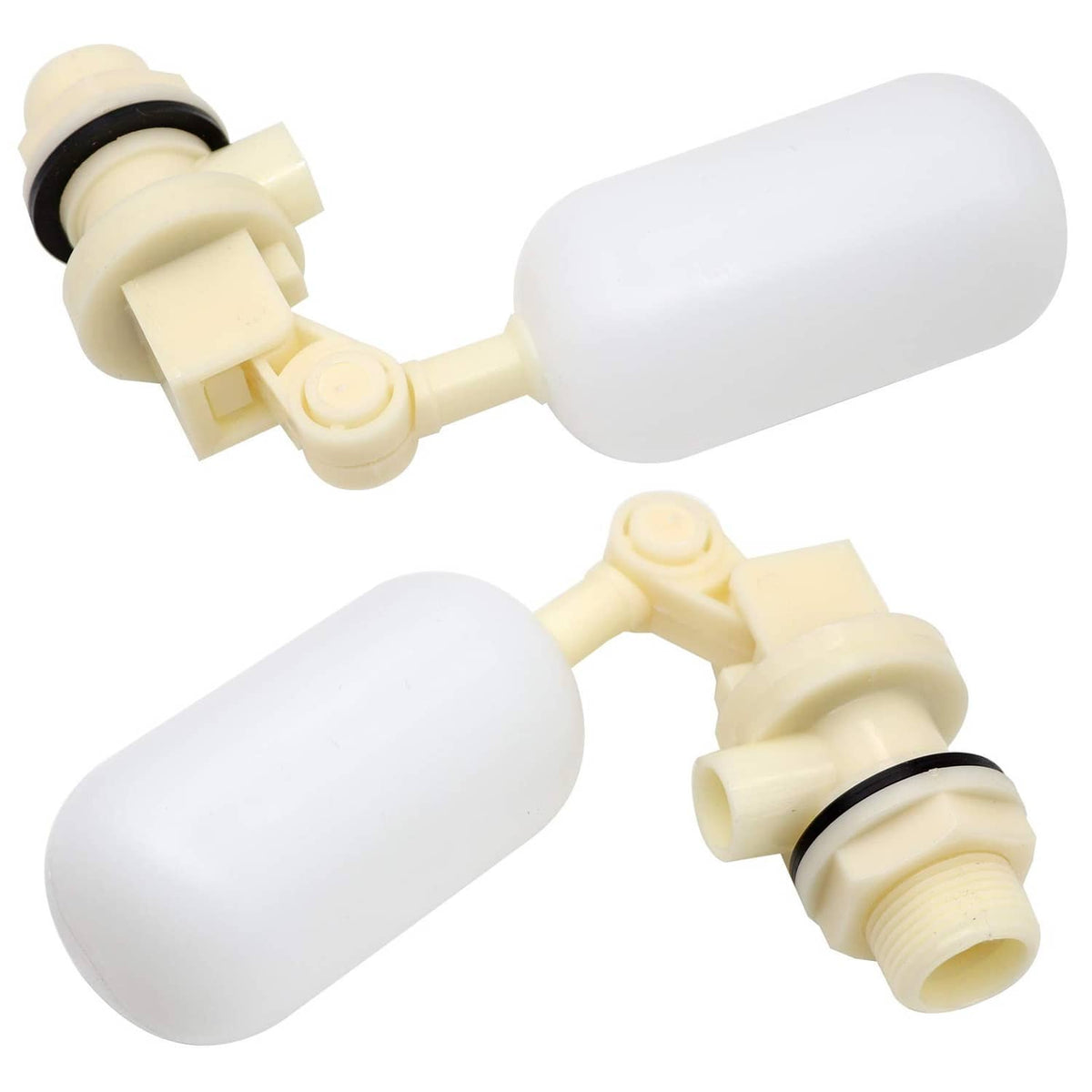 Two float ball valves with white floats, cream threaded ends, and black O-rings