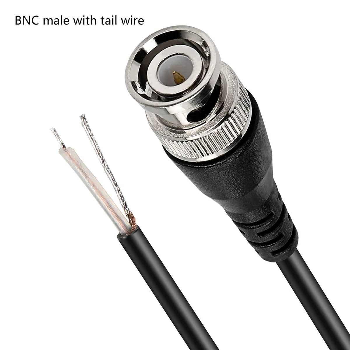 BNC male coaxial connector with attached black tail wire, showing copper strands