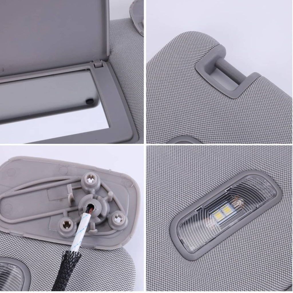 Grey sun visor close-up showing handle cutout, LED light lens, and internal wiring
