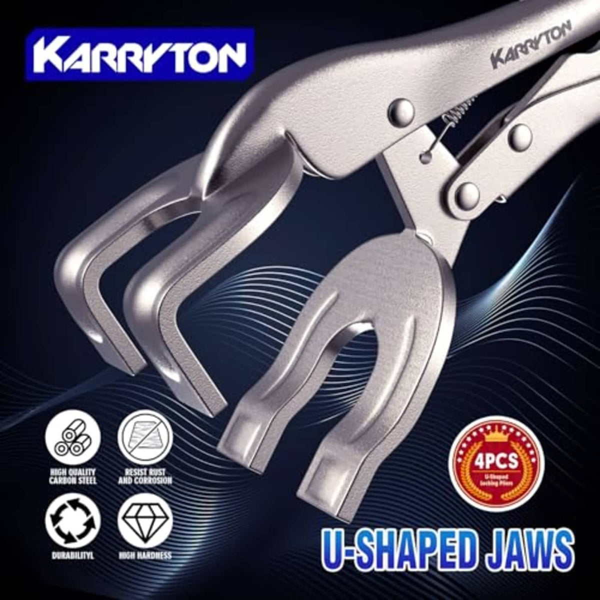 KARRYTON U-shaped locking pliers close-up, wide U-shaped jaws for secure grip, 4 pcs