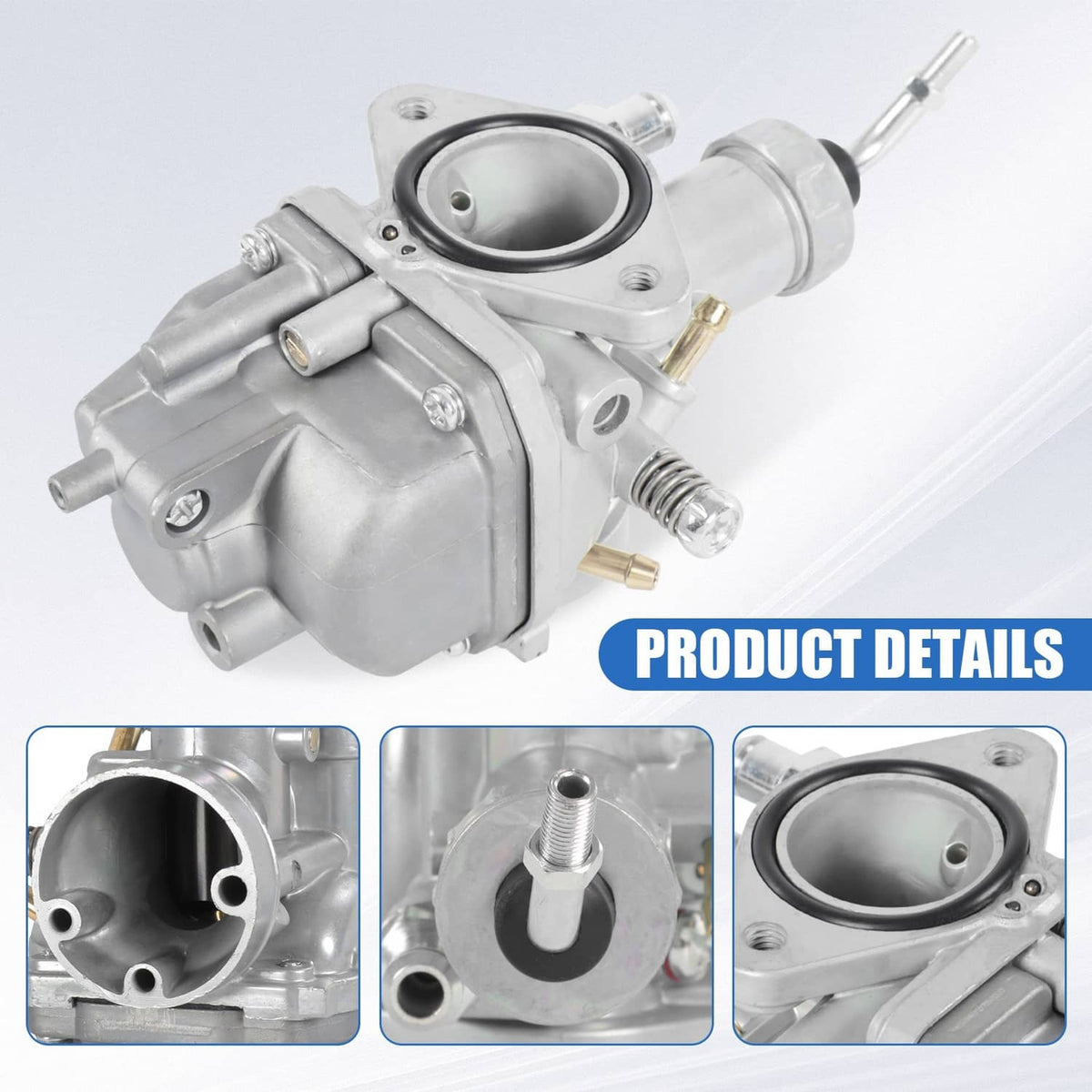 Silver carburetor assembly close-up with intake throat, ports, and throttle linkage