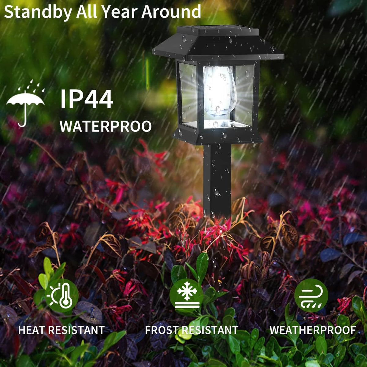 Weatherproof solar pathway light, black lantern head on spike with cool-white glow