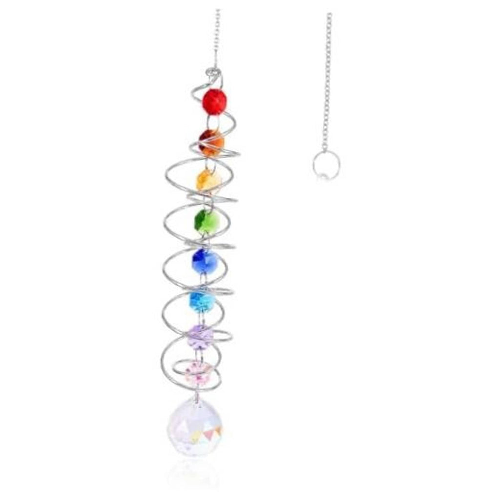 Hanging rainbow crystal wind spinner with spiral metal coil, colored beads, and prism ball.