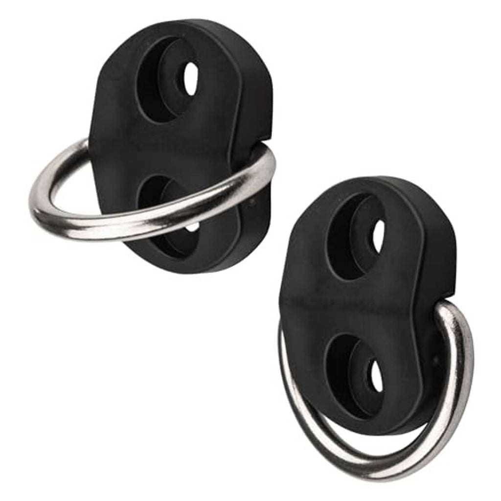 Set of black D-ring anchor tie-downs with chrome oval loops, two screw holes each