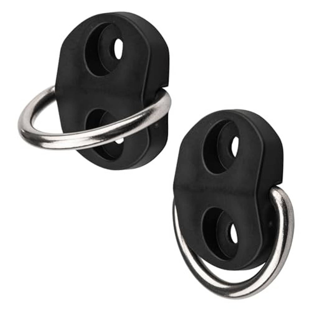 Set of black D-ring anchor tie-downs with chrome oval loops, two screw holes each
