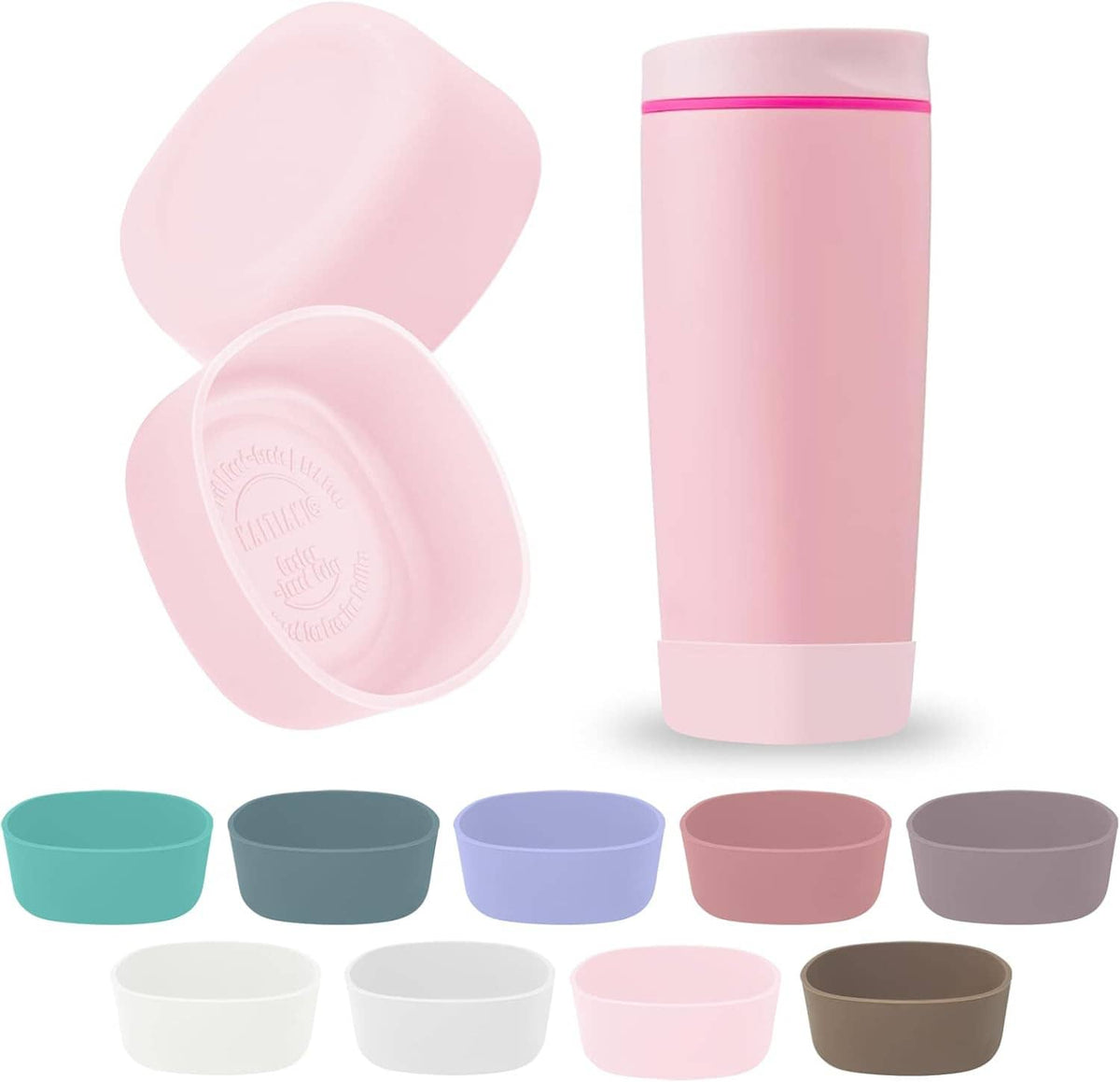 Pink silicone tumbler boot set, with open cap and matching bottom sleeve