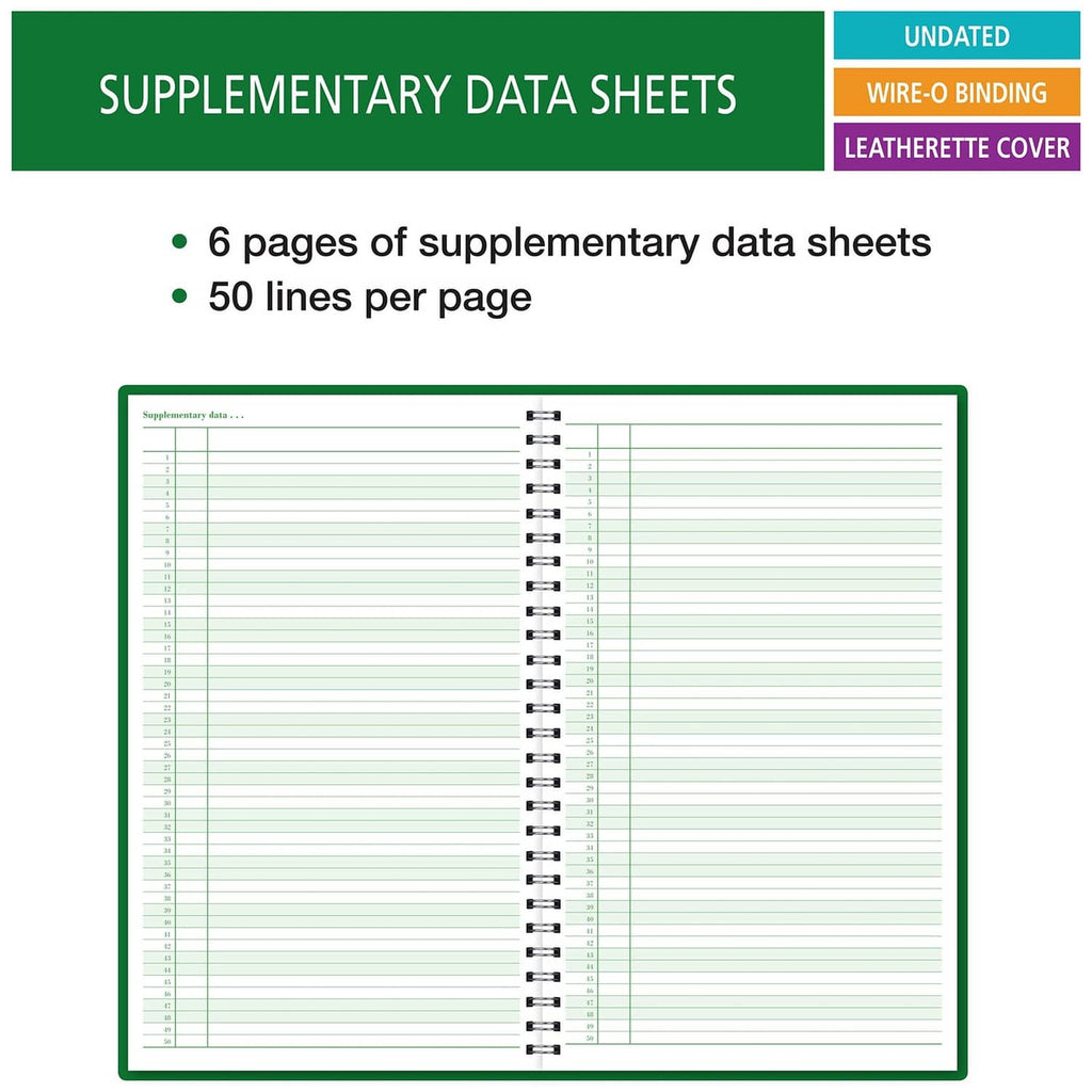 Supplementary data sheets in an open spiral-bound notebook with horizontal ruled lines