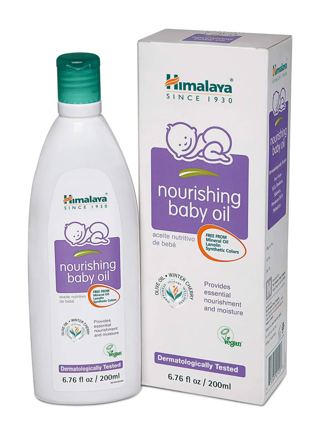 Himalaya nourishing baby oil bottle with matching box, white with teal cap