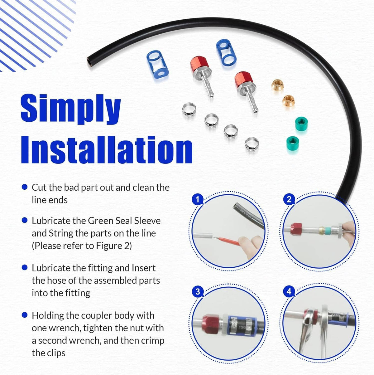 A/C line splice kit with black hose and small metal fittings for installation steps