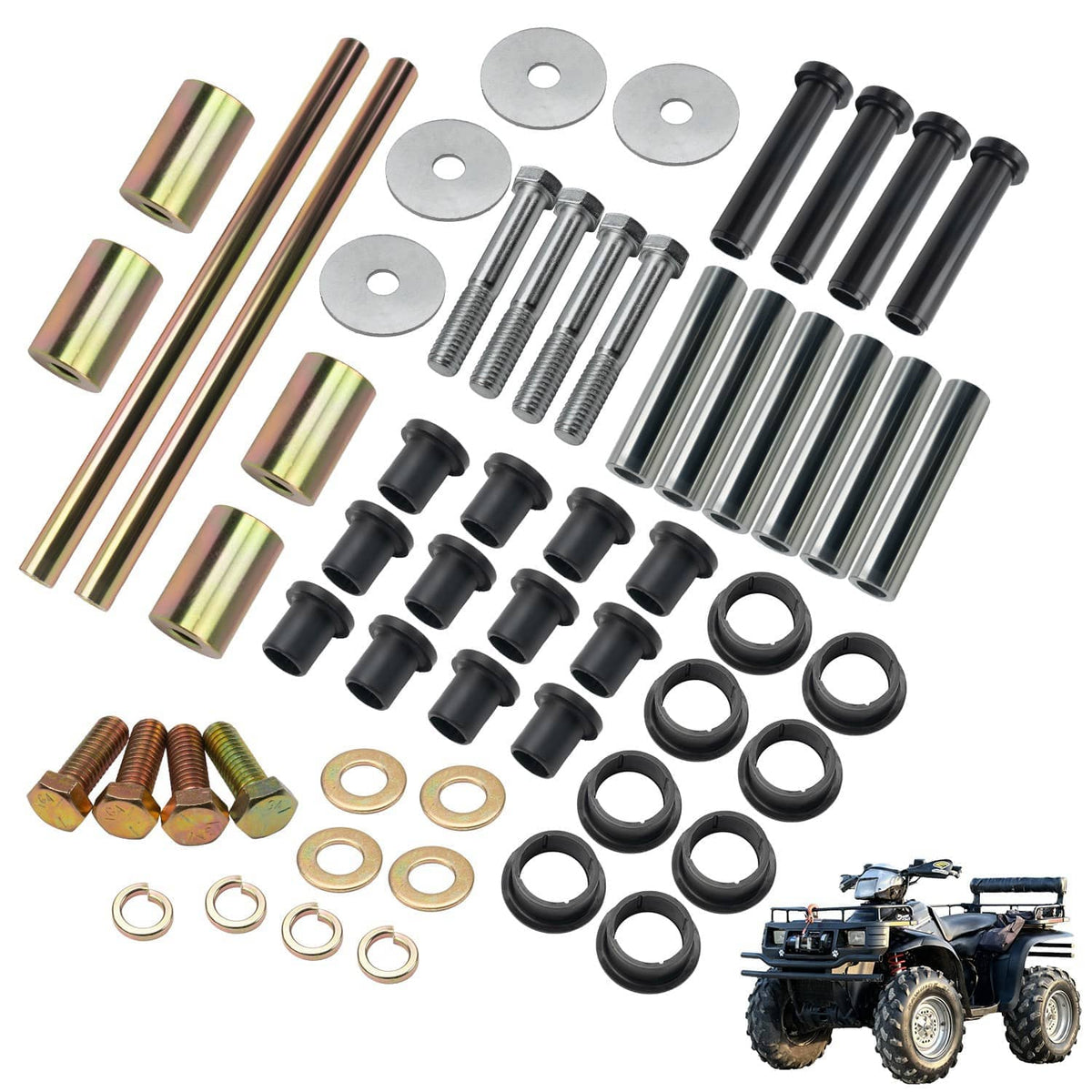 A-arm bushing kit parts with iridescent sleeves, black bushings, metal rods, and bolts