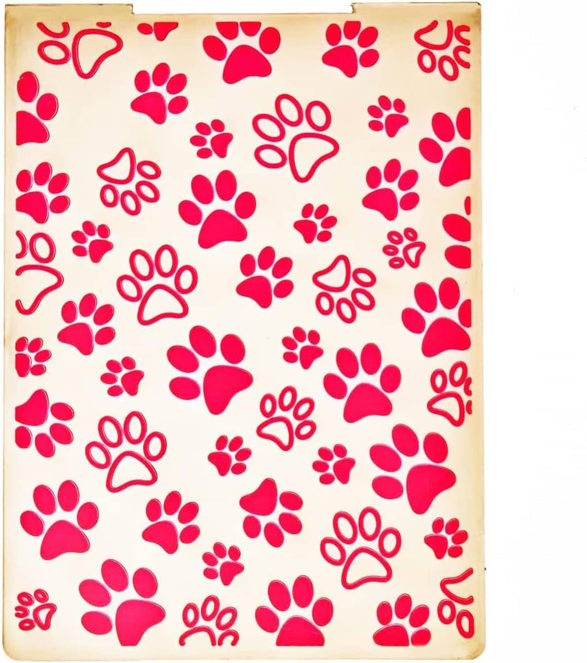 Plastic embossing folder with embossed red paw prints on cream backing