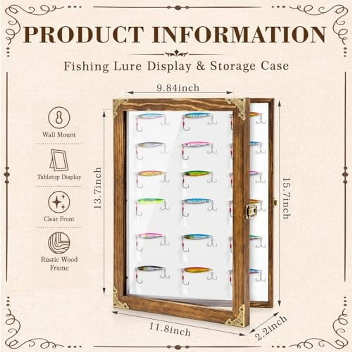 Fishing lure display and storage case with rustic wood frame and clear acrylic front