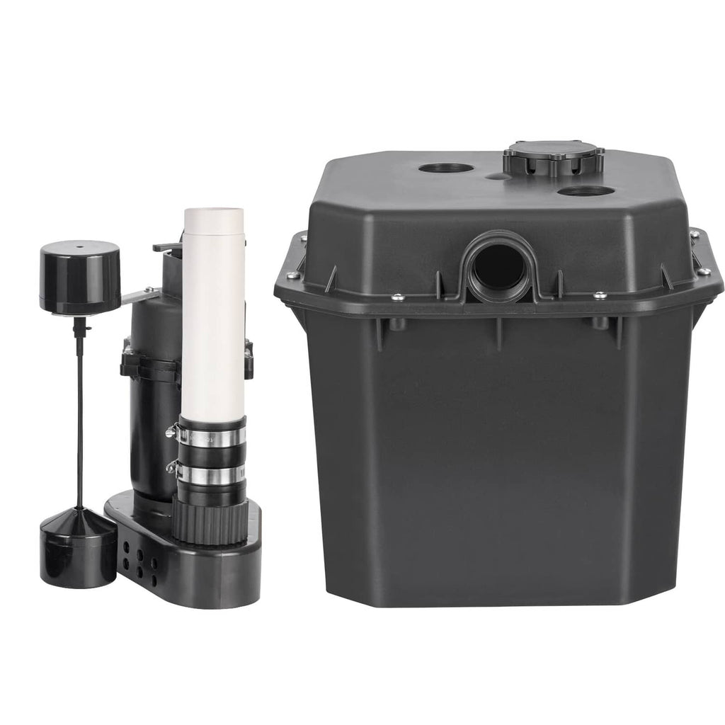 Utility water pump with collection bucket, vertical switch, and intake pipe, dark gray