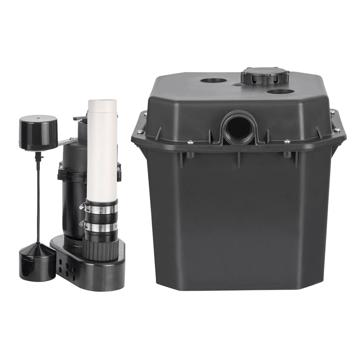 Utility water pump with collection bucket, vertical switch, and intake pipe, dark gray