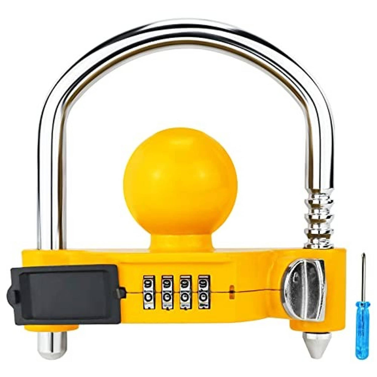 Yellow hitch lock with chrome U-shackle, black lock cover, combination dials, blue key