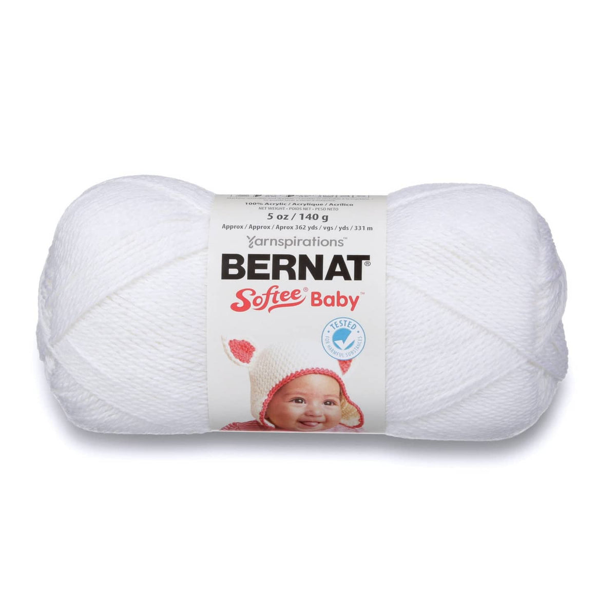 White Bernat Softee Baby yarn ball with label, bundled acrylic yarn skein
