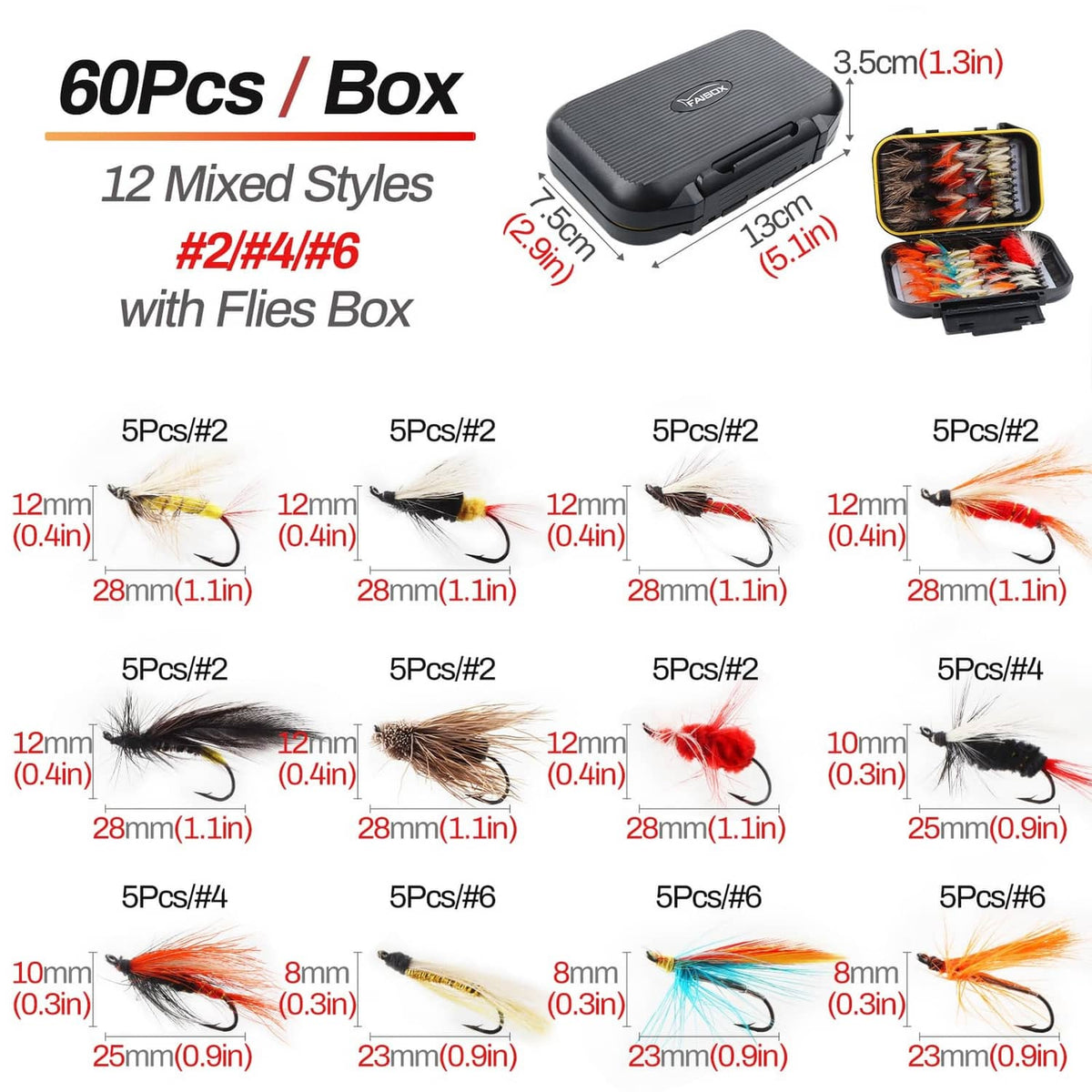 Fly fishing flies kit showing waterproof box size and 60 mixed-style fly assortment