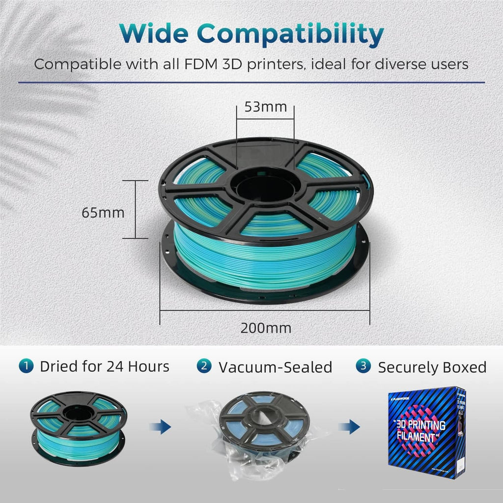 PLA filament spool with teal-blue gradient filament and size markings