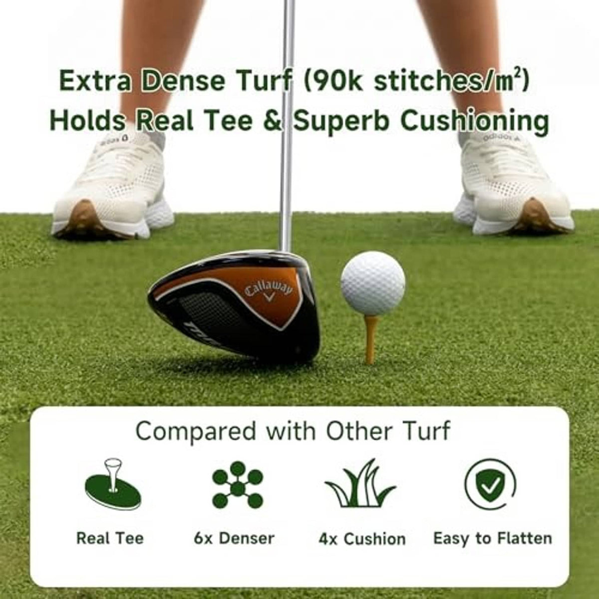 Green turf golf hitting mat with real tee in place, showing golf ball on the surface