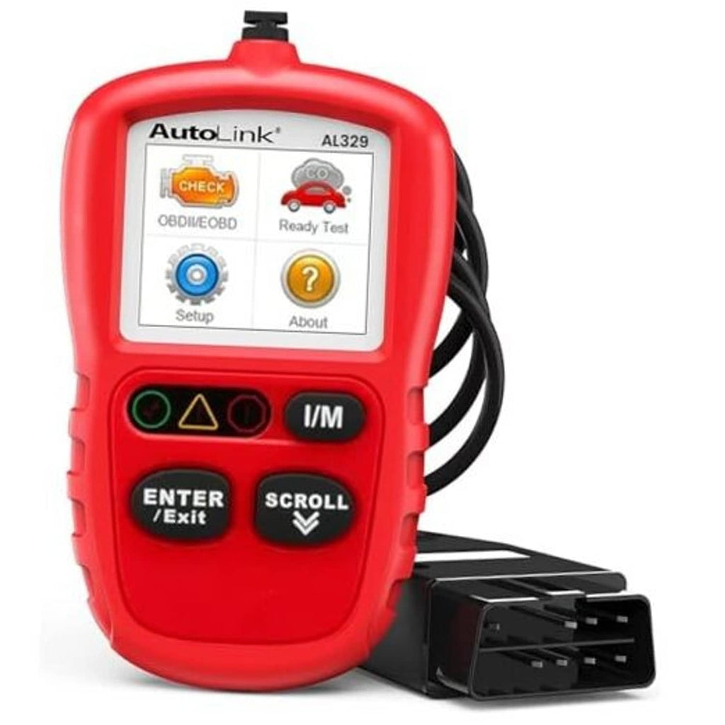 Red handheld OBDII code reader scanner with LCD screen, buttons, and OBD plug cable