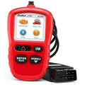 Red handheld OBDII code reader scanner with LCD screen, buttons, and OBD plug cable