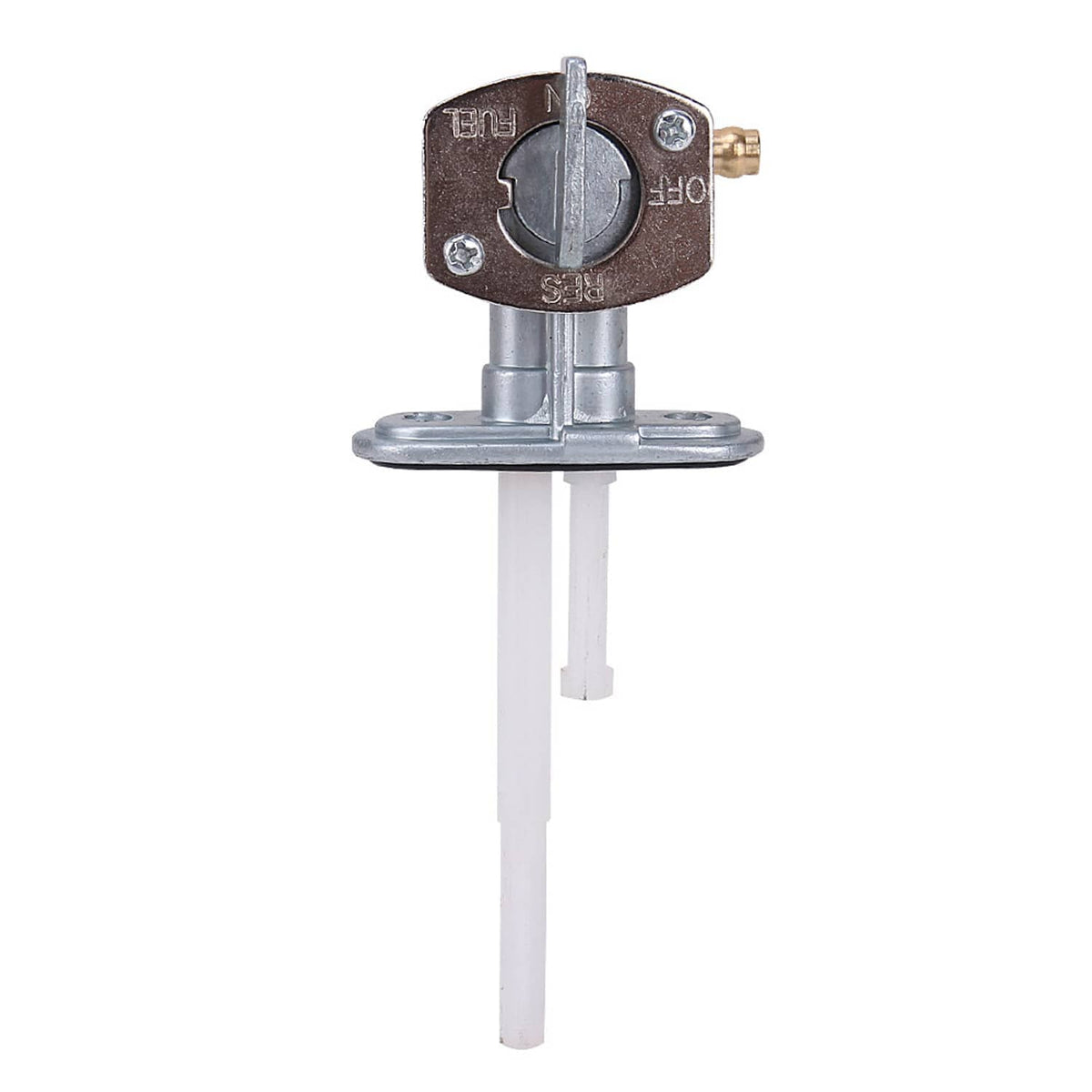 Fuel tank petcock valve with round mounting plate, lever knob, and white fuel tube