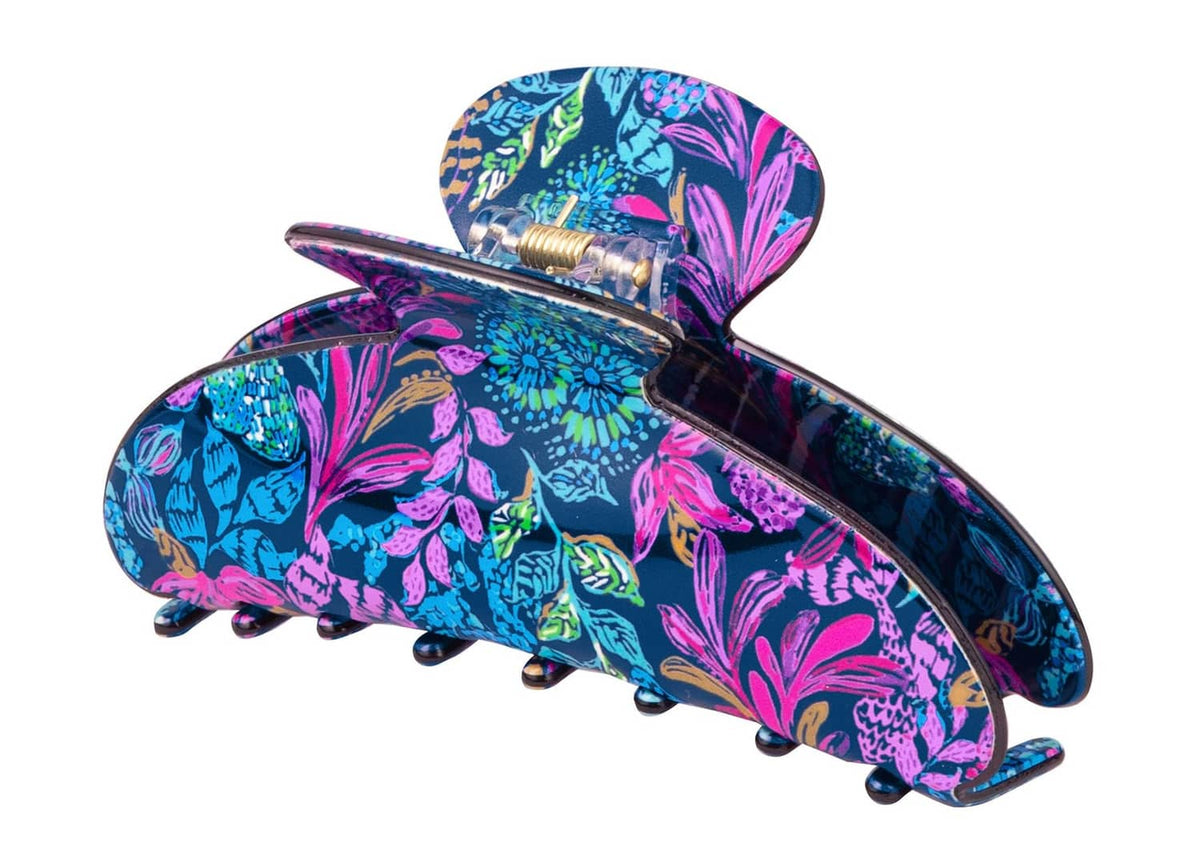 Lilly Pulitzer colorful floral claw jaw hair clip with dark purple hinges and teeth.