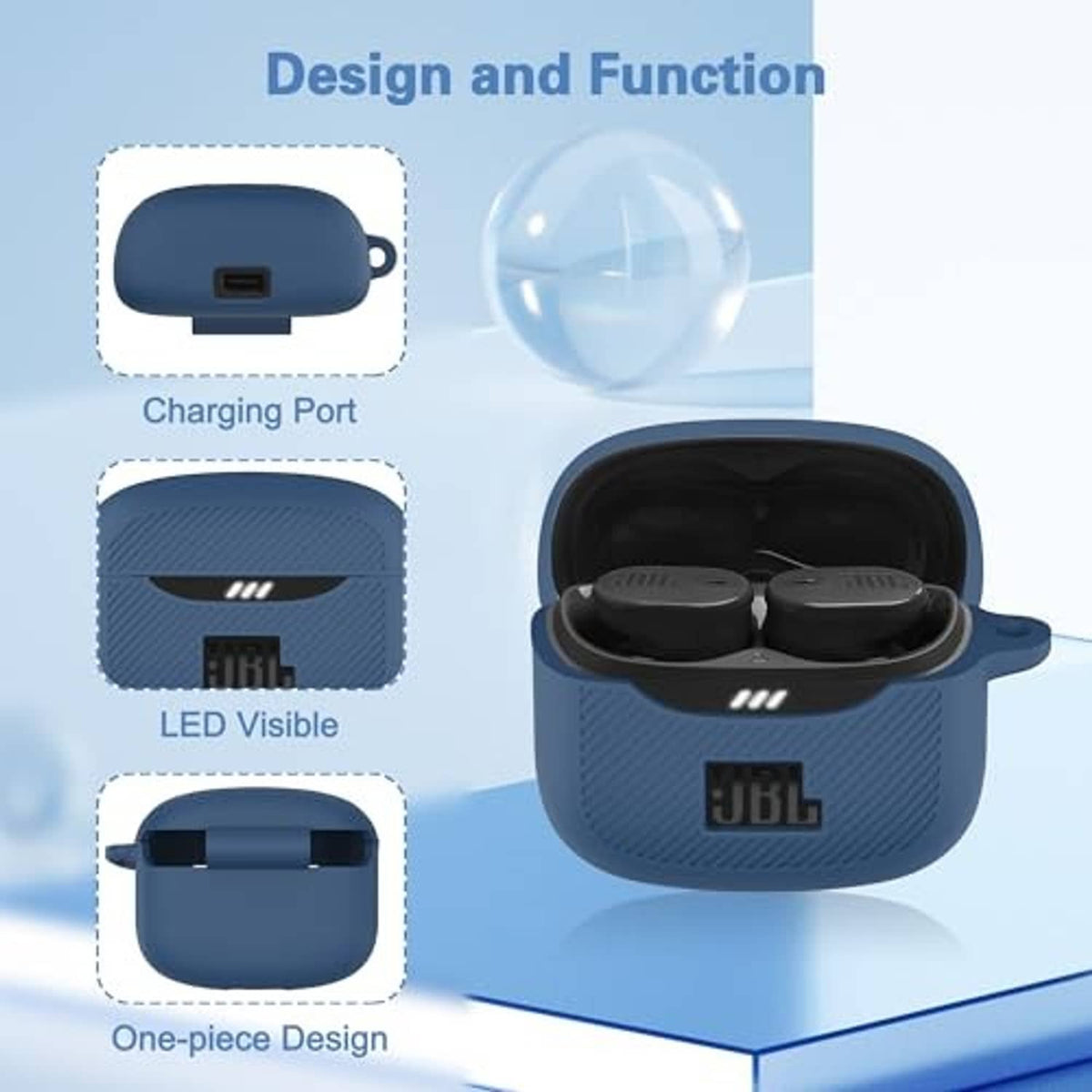 Dark blue silicone earbuds case cover with charging port opening and visible LED window