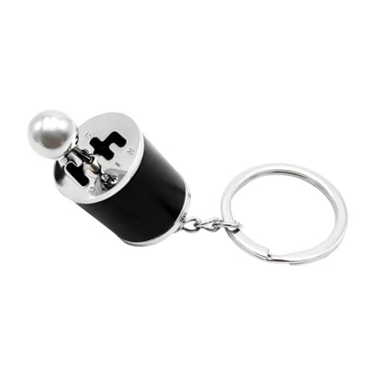 Car gear shifter keychain featuring a black cylinder body, silver top, and keyring