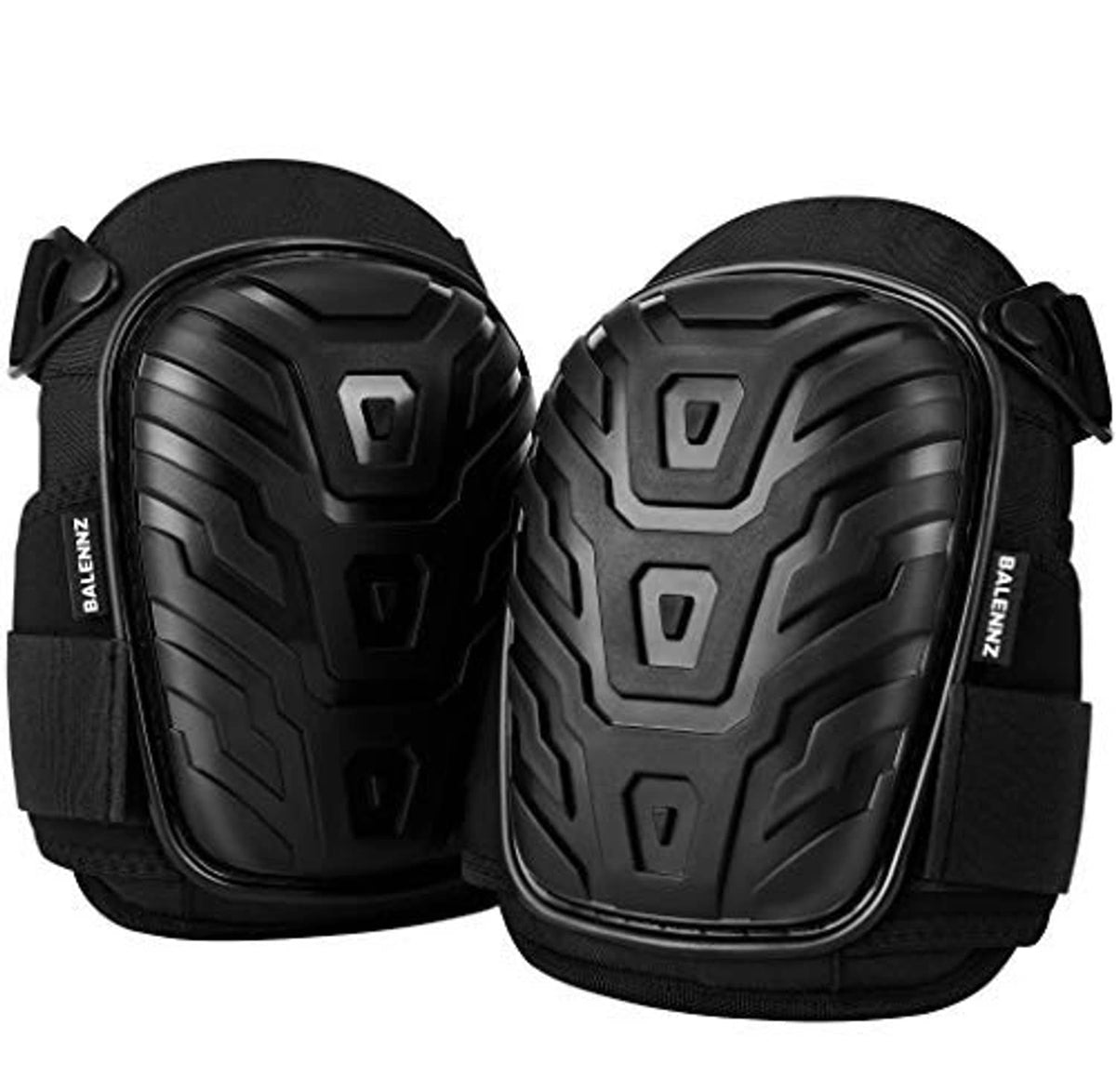 Black knee pads set with rugged molded shell and wide adjustable fabric straps