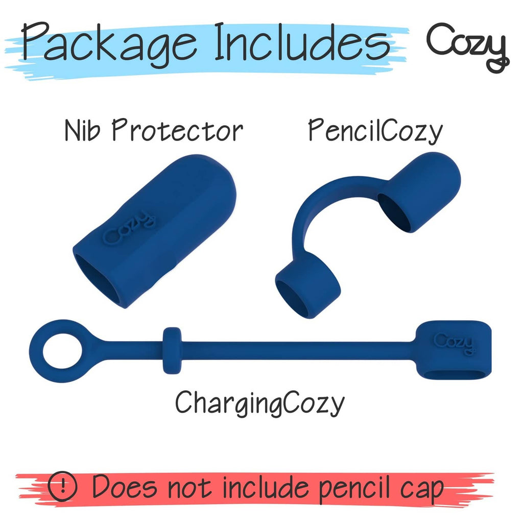 Blue nib protector, pencil cozy holder, and charging cozy cable cover