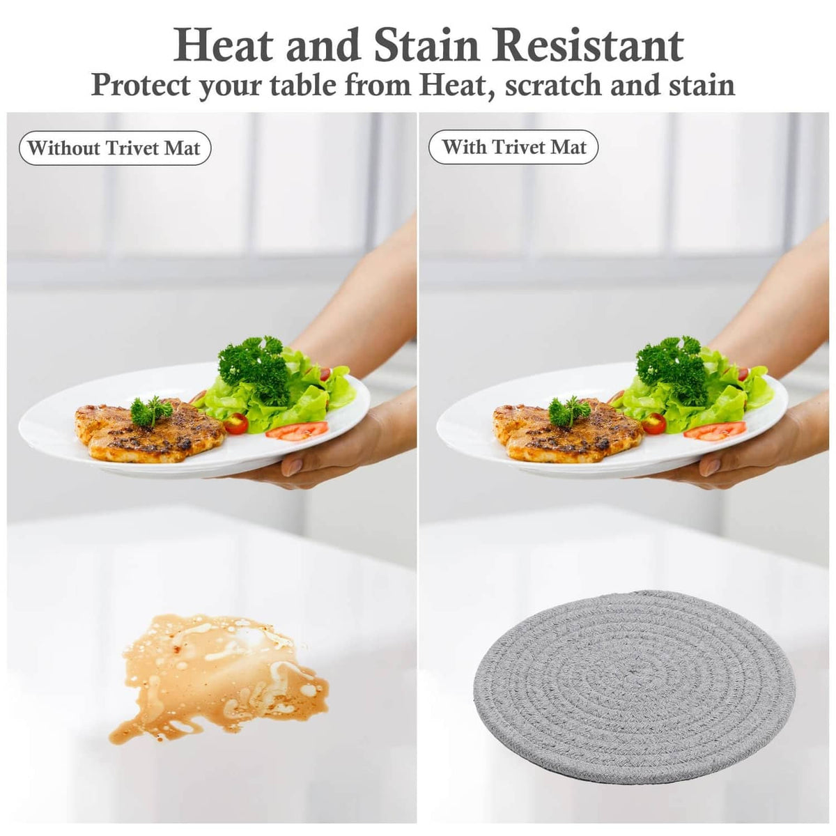 Round woven gray trivet pad for protecting table surfaces