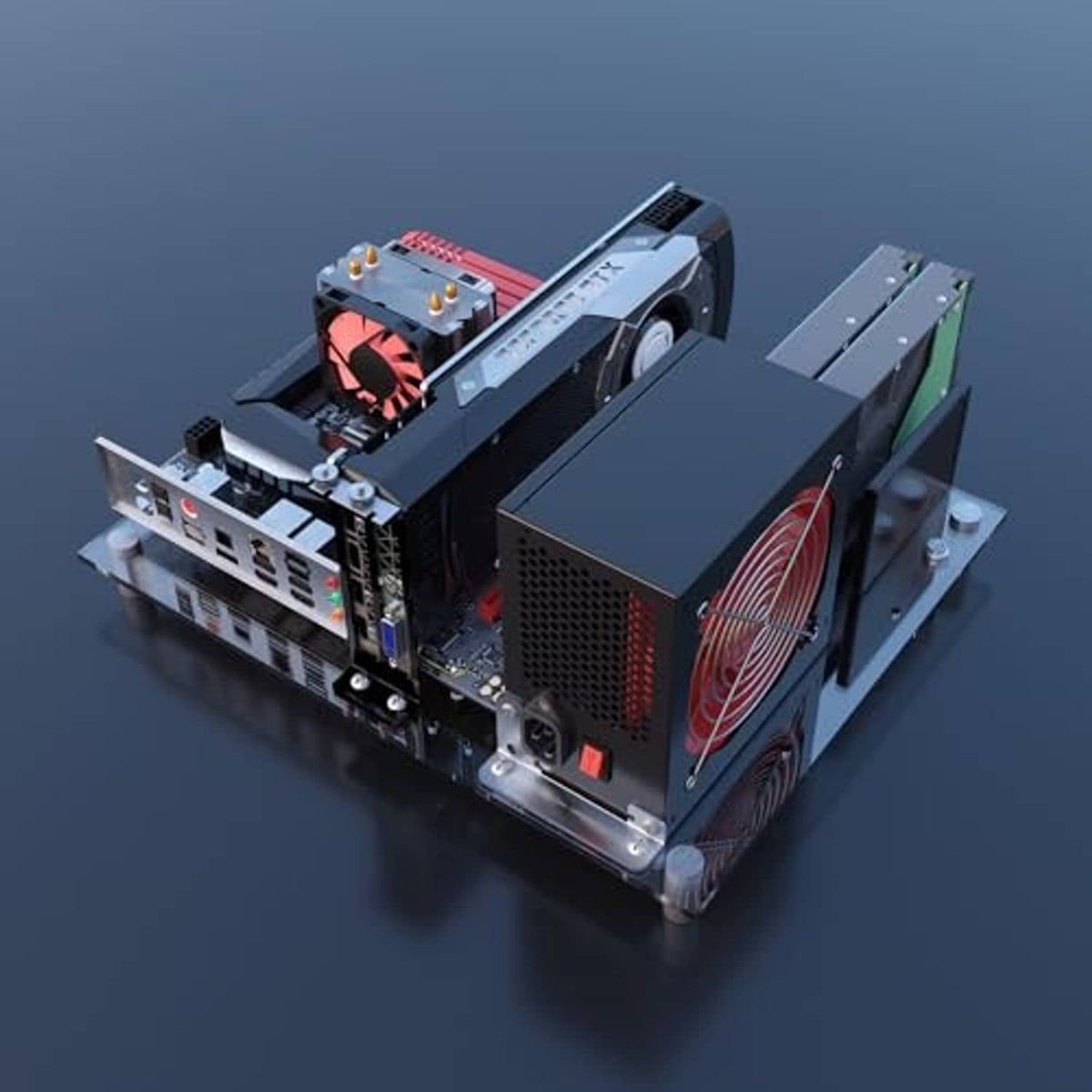 Open-frame DIY PC case with graphics card, CPU cooler, and exposed drive bays