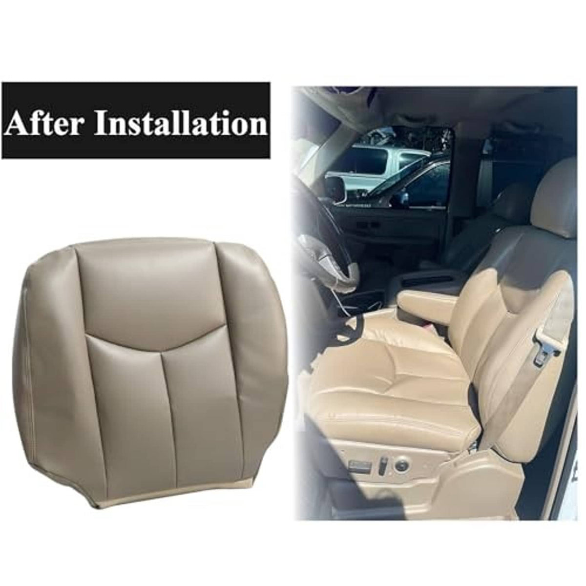 Tan leather-look seat bottom cover shown installed on front driver seat
