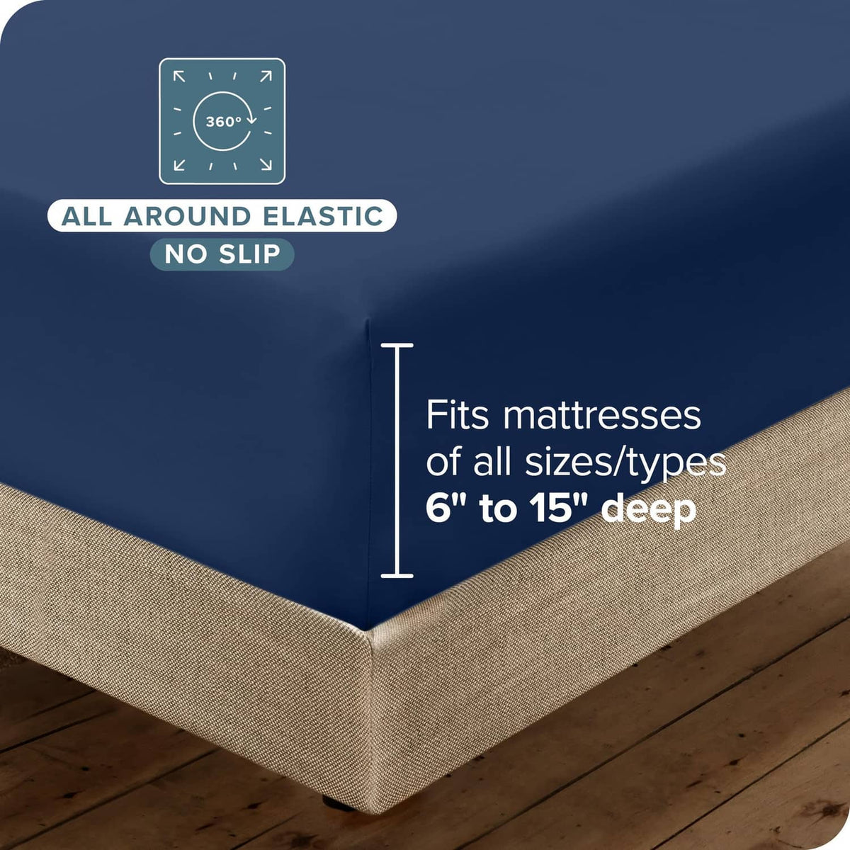 Dark blue deep pocket fitted sheet with all-around elastic stretch fit