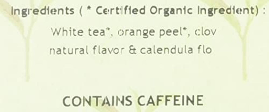 Ingredients label: white tea, orange peel, clove; contains caffeine