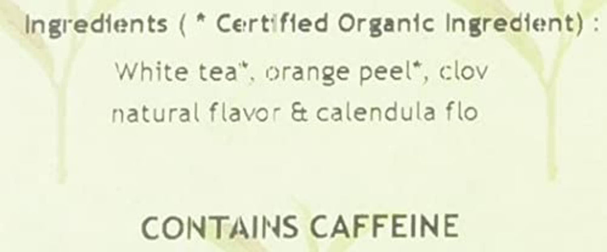 Ingredients label: white tea, orange peel, clove; contains caffeine