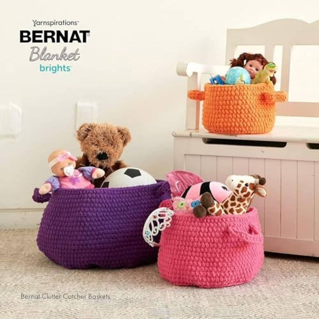 Crochet storage baskets in purple and pink, plus stuffed animal accessories