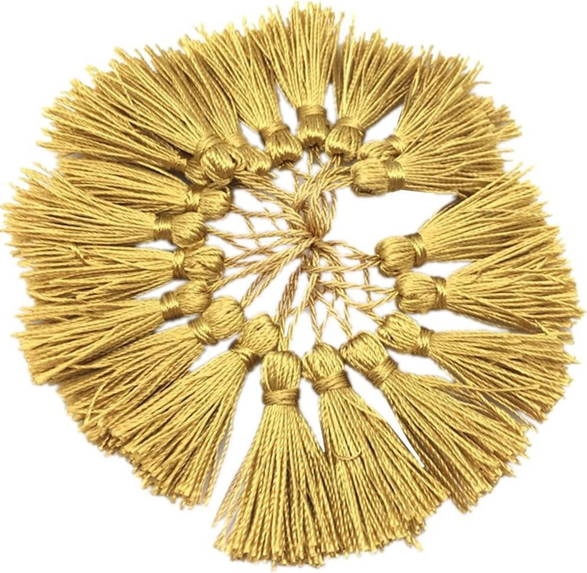 Gold round tassel cluster with braided cords and small bead-like knots