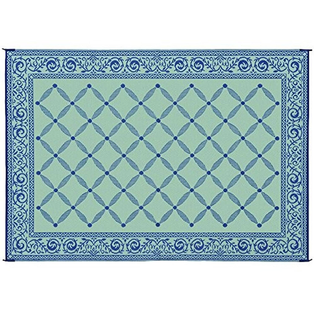 Reversible camping mat, light green face with blue lattice diamond pattern