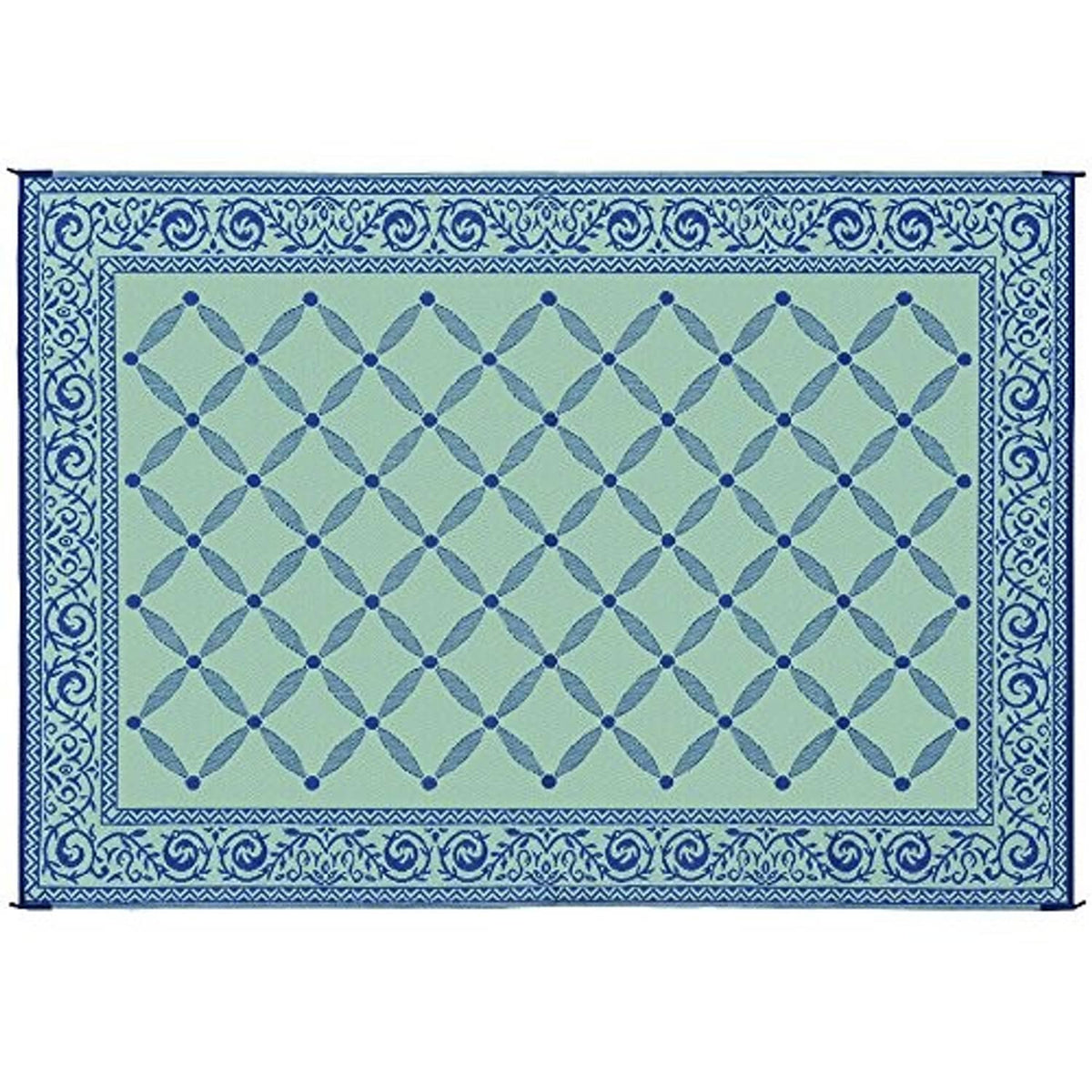 Reversible camping mat, light green face with blue lattice diamond pattern