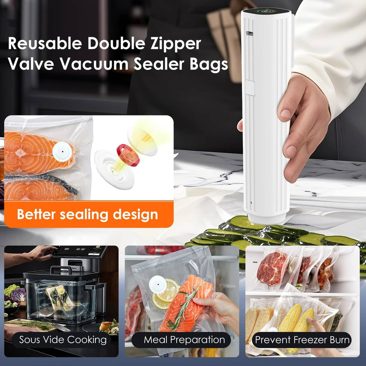 Reusable double-zipper vacuum sealer bags with white sealer and sealed food