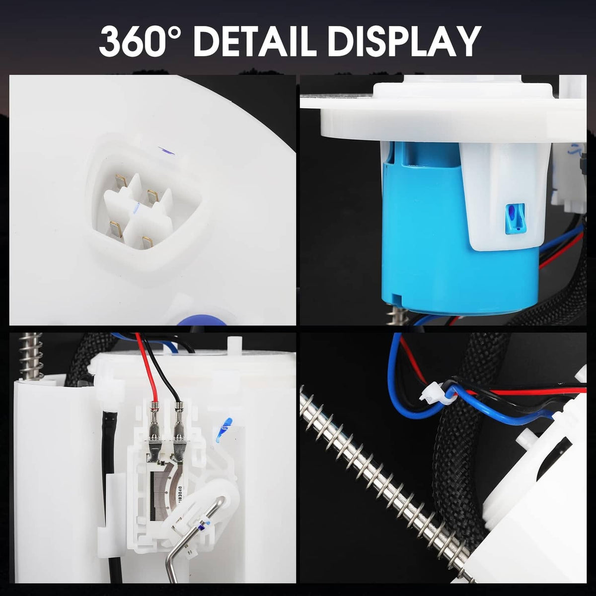 Fuel pump module assembly close-up with blue pump cartridge and connector wiring