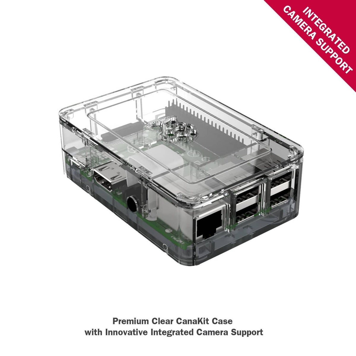 Premium clear case for Raspberry Pi with integrated camera support, board visible