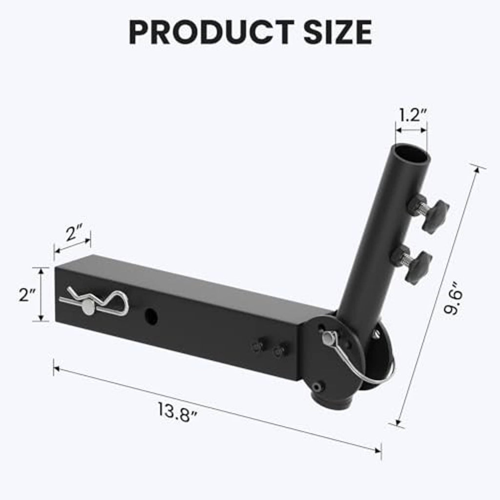 Black universal hitch flagpole mount with dimensioned arm and angled pole receiver